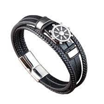 Black Leather Ship Wheel Bracelet – Nautical Elegance